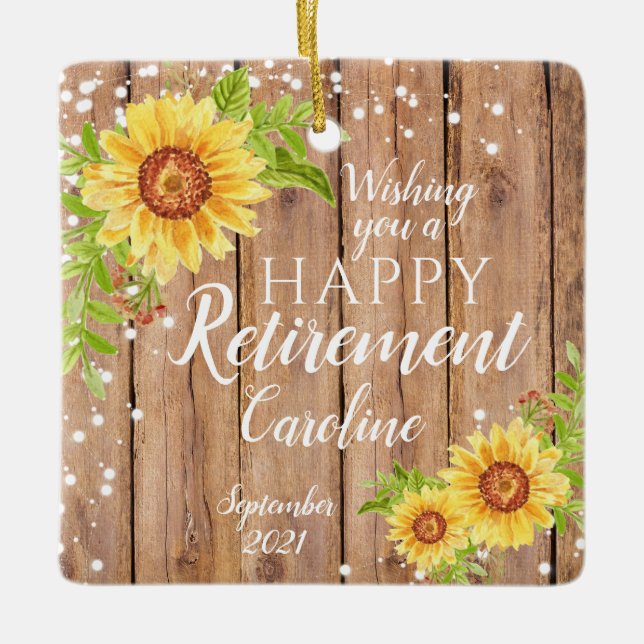 Ornamento De Cerâmica Personalized Rustic Happy Retirement Floral (Frente)