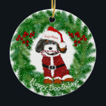 Ornamento De Cerâmica Personalized Santa Bernedoodle Ceramic Ornament<br><div class="desc">Cute Personalized Cartoon Bernedoodle Santa Puppy holding candy cane in its mouth . Festive christmas wreath border. Add your bernedoodle's name to this adorable holiday ornament!</div>