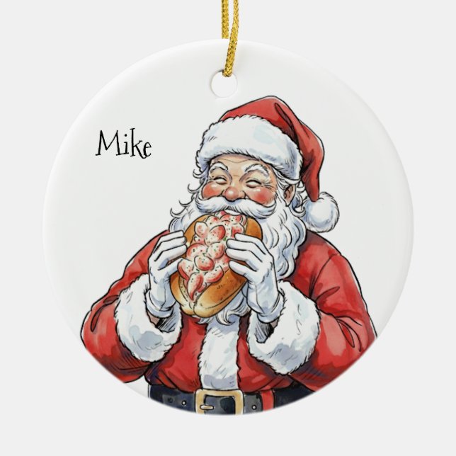 Ornamento De Cerâmica Personalized Santa eating lobster roll Ornament (Frente)