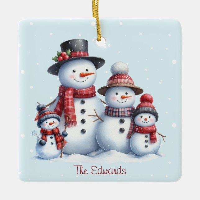 Ornamento De Cerâmica Personalized Snowman Family with children Ornament (Frente)