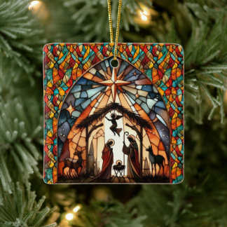 Ornamento De Cerâmica Personalized Stained Glass Nativity Scene Christma