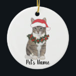 Ornamento De Cerâmica Personalized Tabby Cat (Grey)<br><div class="desc">Make the nice list this year with an ornament of your favorite tabby cat elf!</div>
