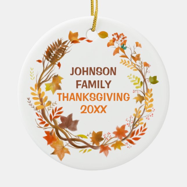 Ornamento De Cerâmica Personalized Thanksgiving Family Autumn Wreath (Frente)