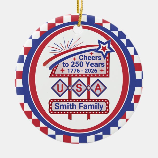 Ornamento De Cerâmica Personalized USA 250–Patriotic Retro Marquee (Frente)