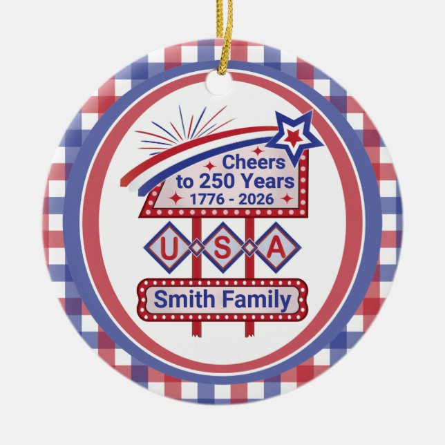 Ornamento De Cerâmica Personalized USA 250–Patriotic Retro Marquee (Frente)