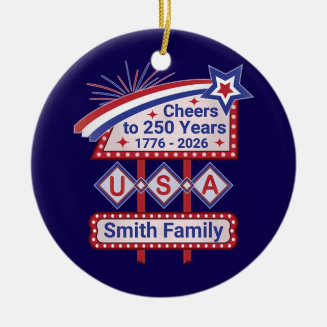 Ornamento De Cerâmica Personalized USA 250–Patriotic Retro Marquee (Frente)