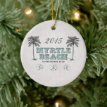 Ornamento De Cerâmica Personalized Vintage Myrtle Beach South Carolina<br><div class="desc">Personalized Vintage Victorian Myrtle Beach South Carolina Established 1938 with Palm Trees and Sand Dollars Holiday Christmas Ornament. ~</div>