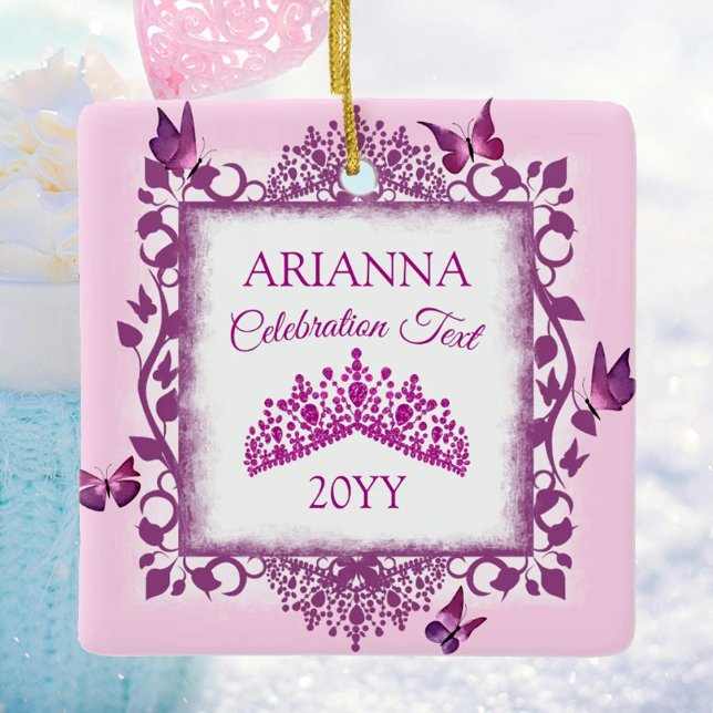 Ornamento De Cerâmica Personalized Violet Tiara & Butterflies Keepsake (personalized tree ornament with pink butterflies and tiara, congratulations, commemorative gift)