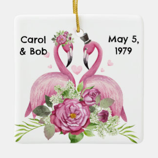 Ornamento De Cerâmica Personalized Wedding Flamingos Couples