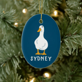 Ornamento De Cerâmica Personalized White Duck Illustration Navy Blue