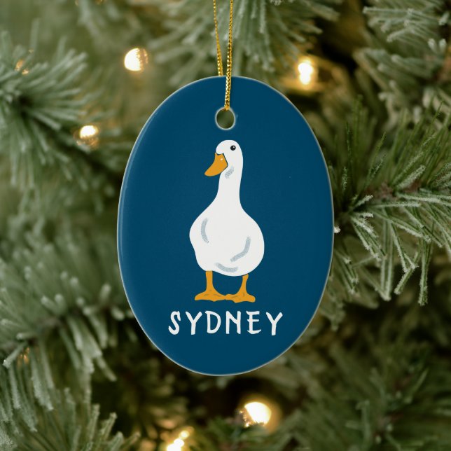 Ornamento De Cerâmica Personalized White Duck Illustration Navy Blue (Árvore)