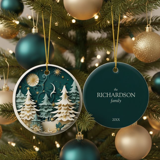 Ornamento De Cerâmica Personalized Winter Christmas Tree (personalized 3D effect winter christmas tree forest ornament with custom family name and year )