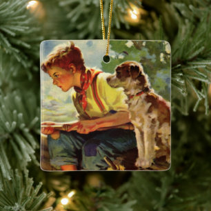 Ornamento De Cerâmica Pesca Antiga, Menino com seu Cachorrinho e Minhoca