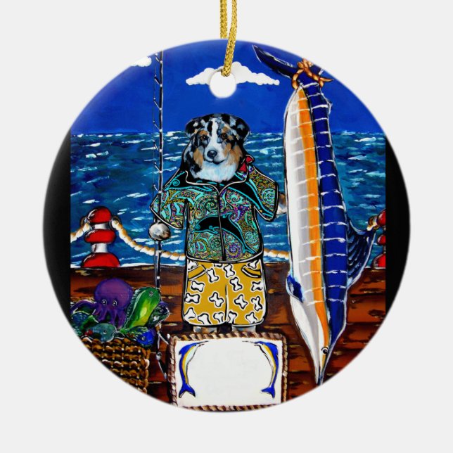 Ornamento De Cerâmica Pesca de Marlin com Australian Shepherd (Frente)