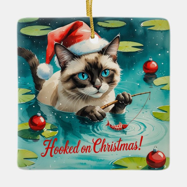 Ornamento De Cerâmica Pesca de Natal temático para os amantes de gato (Frente)