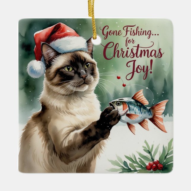 Ornamento De Cerâmica Pesca de Natal temático para os amantes de gato (Frente)