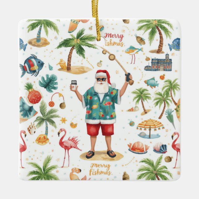 Ornamento De Cerâmica Pescar Natal Pensado (Frente)