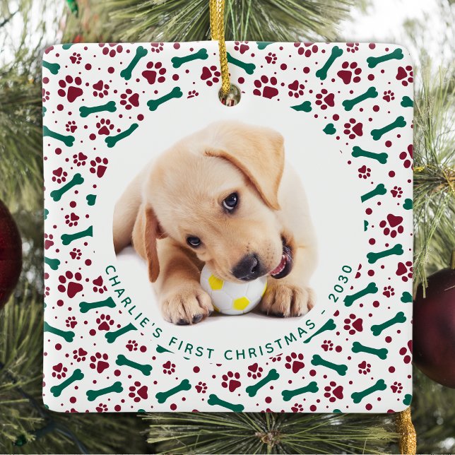 Ornamento De Cerâmica Pet 2 Dog Photo Paw de Natal Personalizado (Criador carregado)