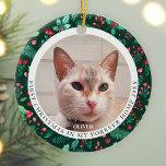 Ornamento De Cerâmica Pet Cat 2 Foto Primeiro Natal Aquarela Floral<br><div class="desc">Celebre o primeiro Natal do seu animal de estimação em sua casa eterna com este festivo design de botânicos de natal de cor d'água como pinheiro, sagrado, morangos vermelhos e muito mais. Este é um design de 2 fotos para que você possa ter várias imagens do seu animal de estimação...</div>