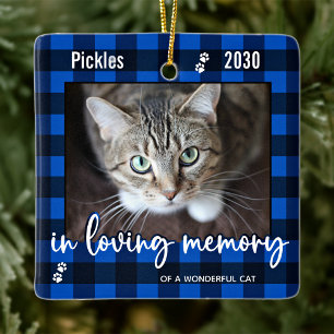 Ornamento De Cerâmica Pet Cat Memorial Blue Xadrez Na Foto De Memória A