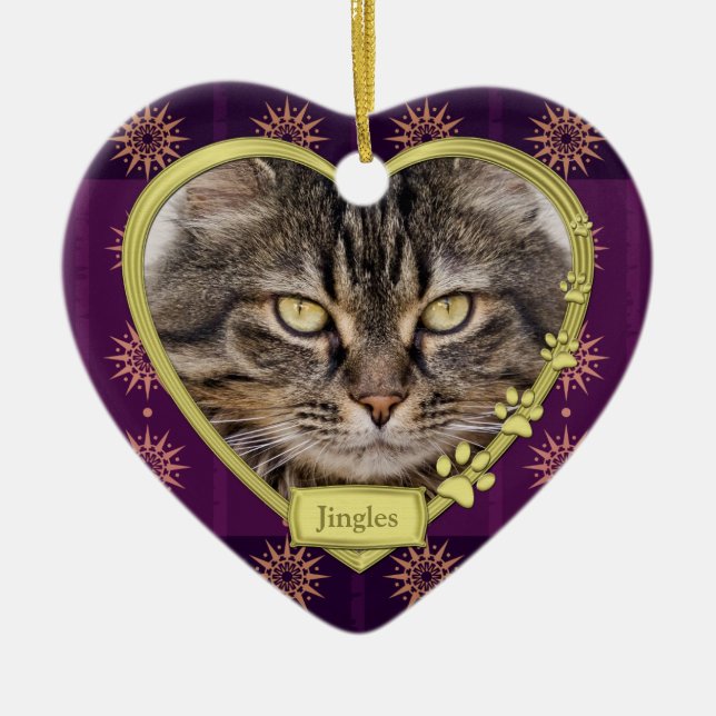 Ornamento De Cerâmica Pet Cat Memorial Purple Dourado Foto de Natal (Frente)