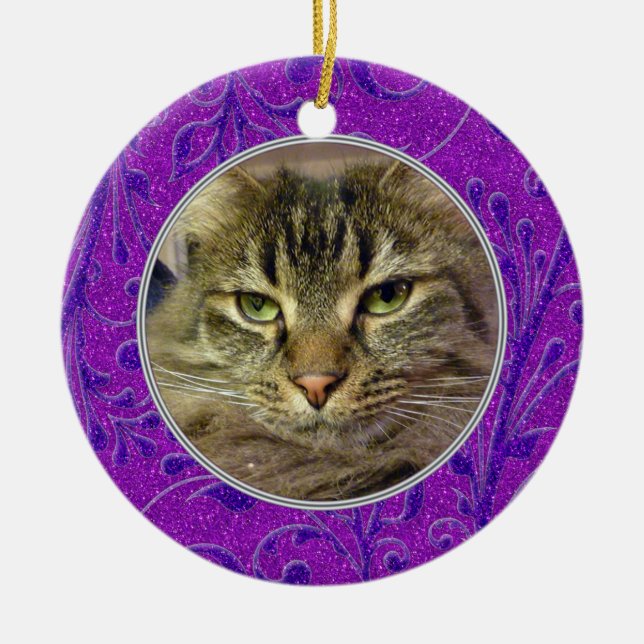 Ornamento De Cerâmica Pet Cat Memorial Purple Foto Natal (Frente)