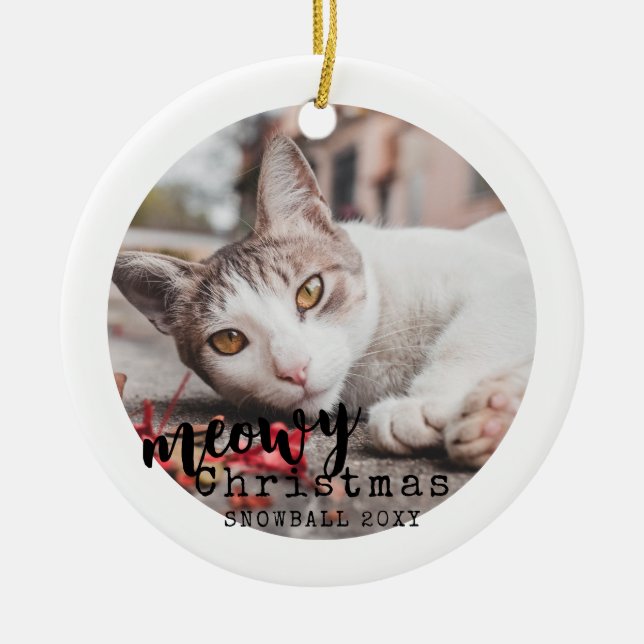 Ornamento De Cerâmica Pet Cat Personalizada Foto de Feliz Natal (Frente)