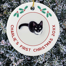 Ornamento De Cerâmica Pet Cat Personalizado Primeira Foto de Natal