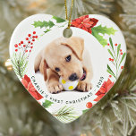 Ornamento De Cerâmica Pet Custom 2 Dog Photo Heart Wreath Christmas<br><div class="desc">Decorre sua árvore ou dê um presente especial nesta temporada de festas com esta elegante foto de animal de estimação em um enfeites de natal de coroa, e decoração correspondente. Este enfeites de natal de cachorro apresenta uma coroa verde-aquática e uma coroa vermelha com sagrada, flores de poinsettia e bagas....</div>