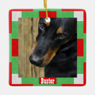 Ornamento De Cerâmica Pet de Cachorro de Natal Pet Photo Name Red Green