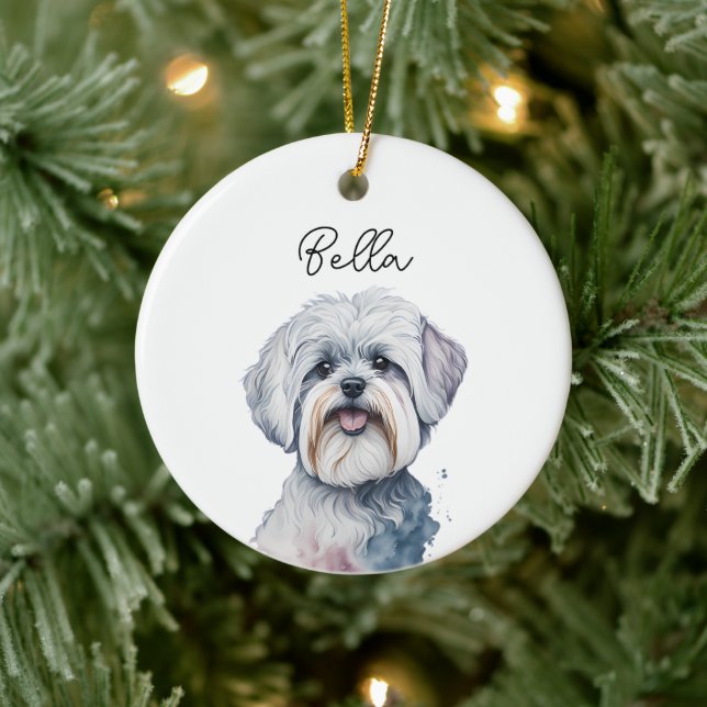 Ornamento De Cerâmica Pet de Cão Maltês Nome Personalizado Natal (Árvore)
