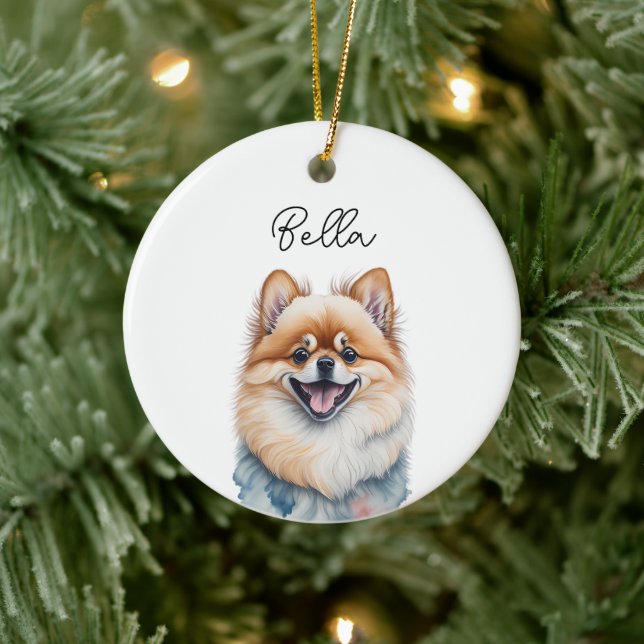 Ornamento De Cerâmica Pet de Cão Pomeraniano Nome Personalizado Natal (Árvore)