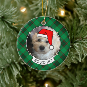 Ornamento De Cerâmica Pet de Xadrez Vermelha e Verde com Foto de Natal P