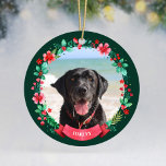 Ornamento De Cerâmica Pet Dog 2 Photo Christmas Wreath<br><div class="desc">Celebre o seu cão de estimação este Natal com esta design de ornamento festiva com uma mão pintada a aquarela de Natal num fundo verde-escuro. Esta é uma design de duas fotos para que você possa ter várias imagens do seu animal de estimação (frente e verso). Personalize o nome, texto...</div>