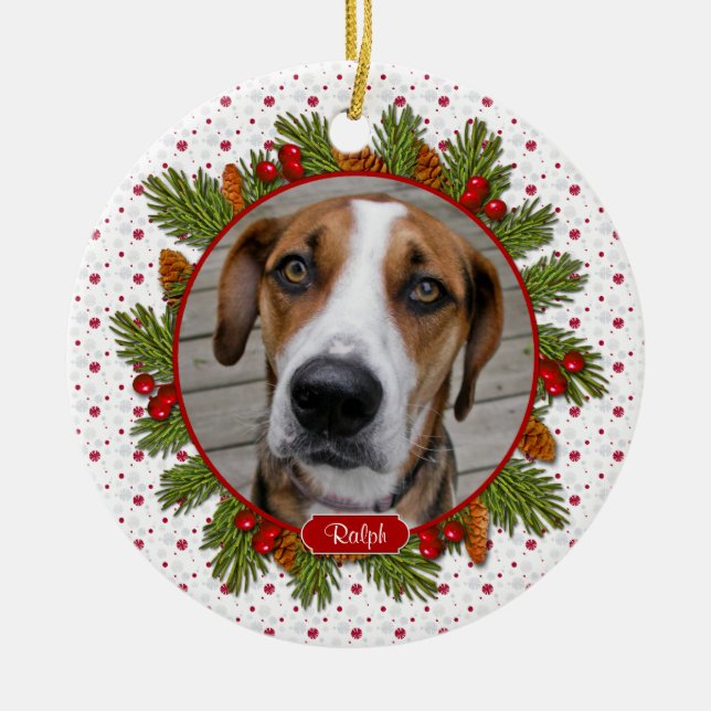 Ornamento De Cerâmica Pet Dog Memorial Pine Boughs Holly Foto Natal (Frente)