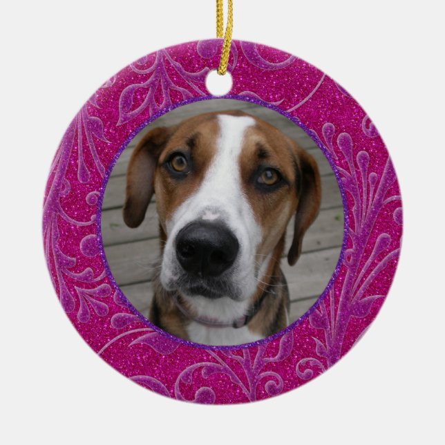 Ornamento De Cerâmica Pet Dog Memorial Pink Purple Foto Natal (Frente)