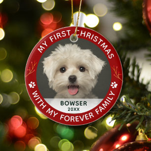 Ornamento De Cerâmica Pet Dog My First Christmas Custom Photo Red