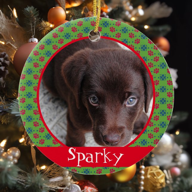 Ornamento De Cerâmica Pet Dog Photo Paw Imprime Monograma (Criador carregado)