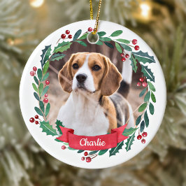 Ornamento De Cerâmica Pet Dog Photo Watercolor Wreath Natal