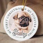 Ornamento De Cerâmica Pet é o meu primeiro Natal em Forever Home Modern<br><div class="desc">Design é composto por tipografia moderna com sans serif e serif font. Adicione uma foto personalizada do animal de estimação adotado e do ano.</div>