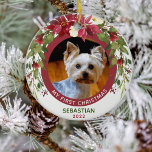 Ornamento De Cerâmica Pet First Christmas 2 foto 2 lado Floral<br><div class="desc">Lembre-se do primeiro Natal do seu amado animal de estimação com esta foto de 2, 2 Enfeites de natal laterais com seu próprio cão, gato ou outra foto de animal de estimação, cercado por uma poinsettia vermelha e verde floral e uma coroa floral oca. Fácil de personalizar com sua foto,...</div>