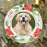 Ornamento De Cerâmica Pet First Christmas Forever Home Wreath Dog Fotogr<br><div class="desc">Decorre sua árvore ou dê um presente especial nesta temporada de festas com esta elegante foto de animal de estimação em um enfeites de natal de coroa, e decoração correspondente. Este enfeites de natal de cachorro apresenta uma coroa verde-aquática e uma coroa vermelha com sagrada, flores de poinsettia e bagas....</div>
