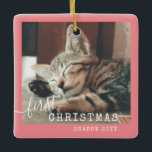 Ornamento De Cerâmica Pet First Christmas Photo Cute Pink<br><div class="desc">Personalizado ornamento de fotos cor-de-rosa para o primeiro Natal de um gatinho com sua foto e nome personalizados impressos com o ano em um belo e elegante design rústico que é fácil de personalizar e adicionar sua foto.</div>