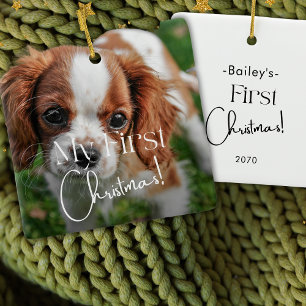 Ornamento De Cerâmica Pet First Christmas Photo Minimalist Calliographic