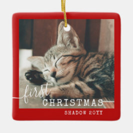 Ornamento De Cerâmica Pet First Christmas Photo Red Rustic