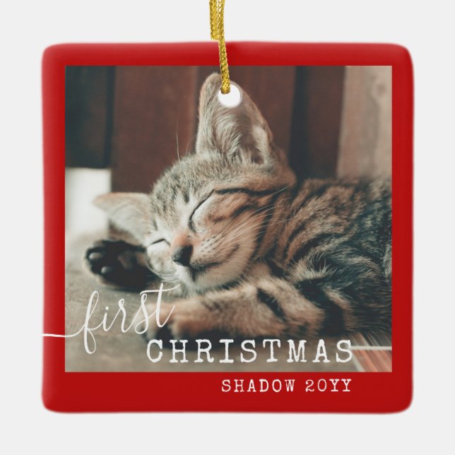 Ornamento De Cerâmica Pet First Christmas Photo Red Rustic (Frente)