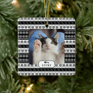 Ornamento De Cerâmica Pet Foto Personalizada do Knit Preto do Gato