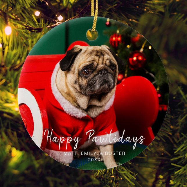 Ornamento De Cerâmica Pet Fotografia da família Feliz Pawlidays da Árvor (Criador carregado)