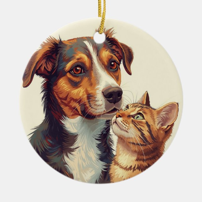 Ornamento De Cerâmica Pet Lovers Christmas Ornament | Dog & Cat  (Frente)