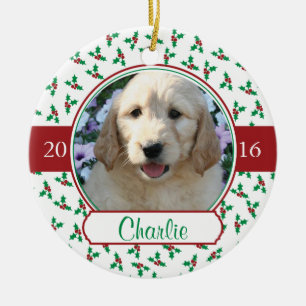 Ornamento De Cerâmica Pet Photo Christmas com Holly & Berries